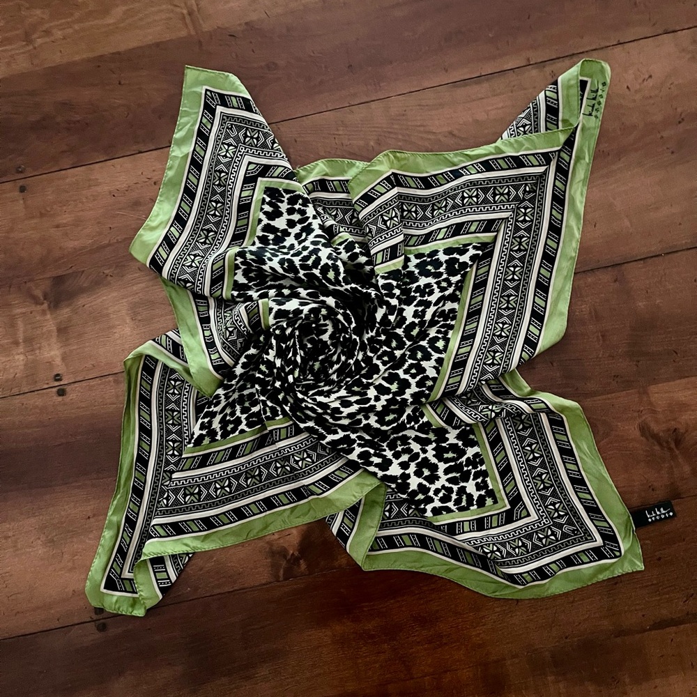 Nicole Miller Cheetah Print Silk Scarf, Lime Green, Black, White, 33.5”x33.5” - Picture 6 of 6